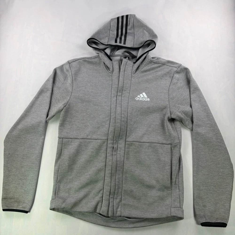 Adidas Climawarm Full Zip Hoodie Mens Small Gray Textured Knit Athletic Jacket